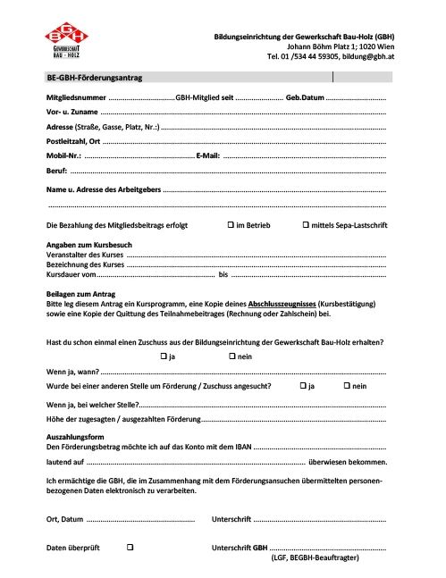 Antragsformular für die GBH-Bildungseinrichtung